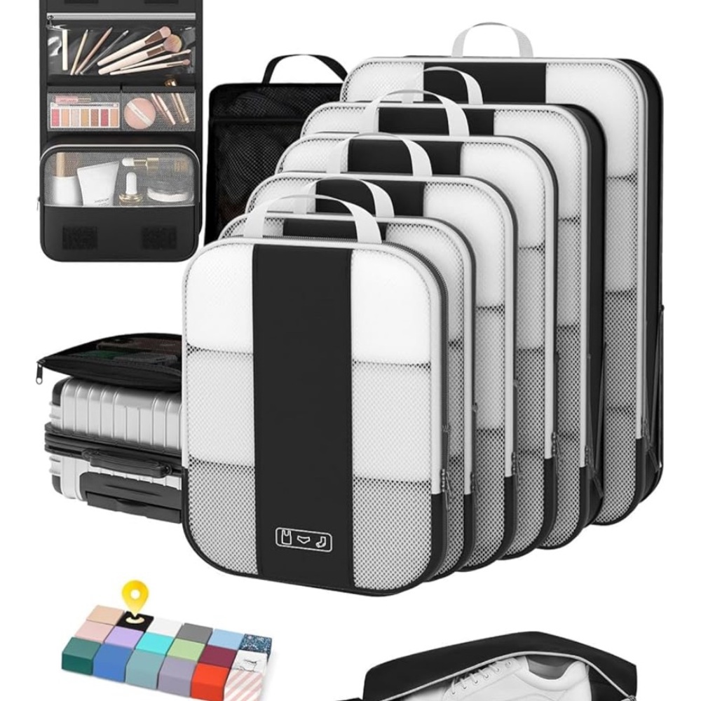 Sleek Black and White Travel Organizer Set with Mesh Panels